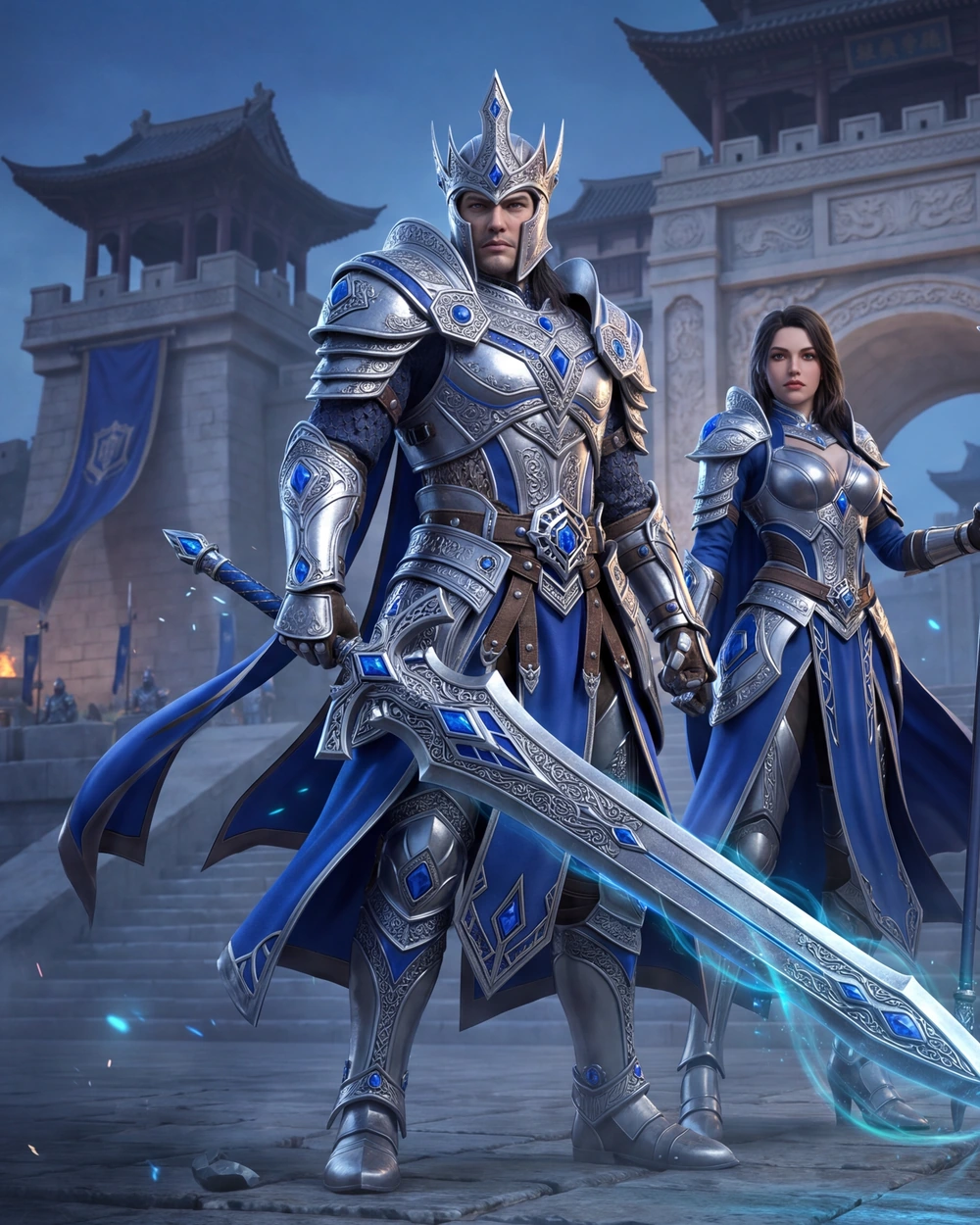 Guerrero con armadura de plata y estandarte azul, ilustración de fantasía del legado de Servivenet